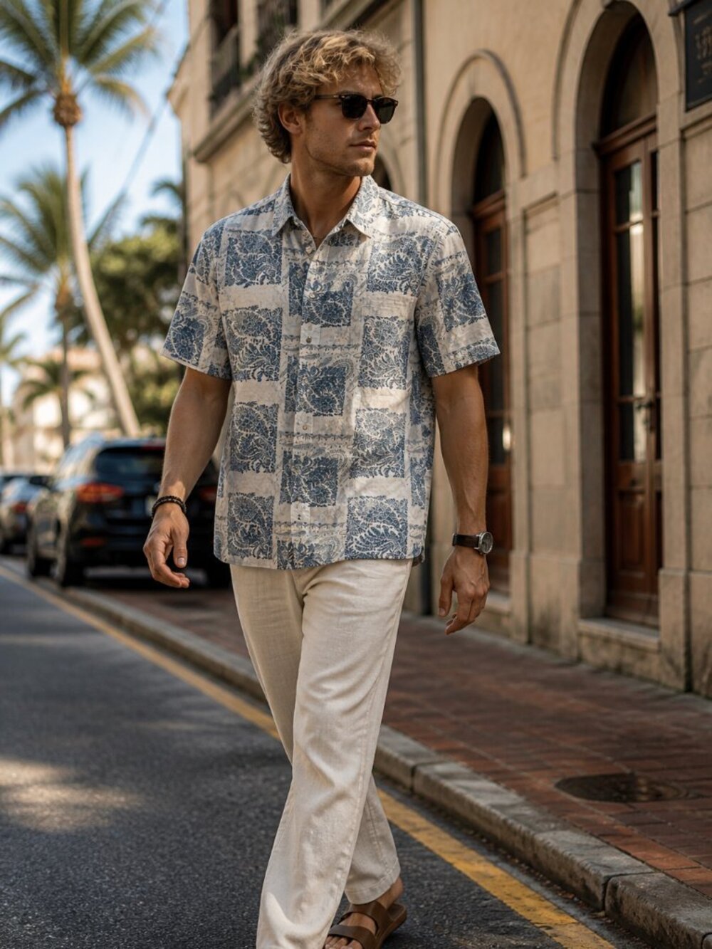 Tasso Elba Blue & Cream Paisley Print Button-Up Shirt – Linen Blend